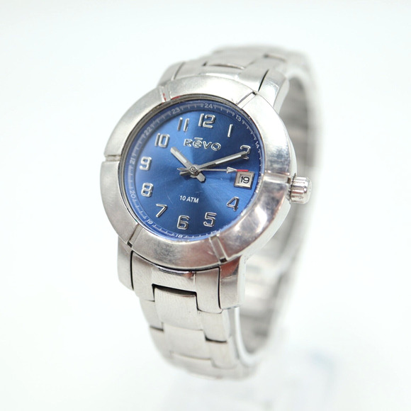 Revo Womens Watch 30mm Blue Date Dial 10 Meters Stainless Steel w New Battery - Picture 1 of 16